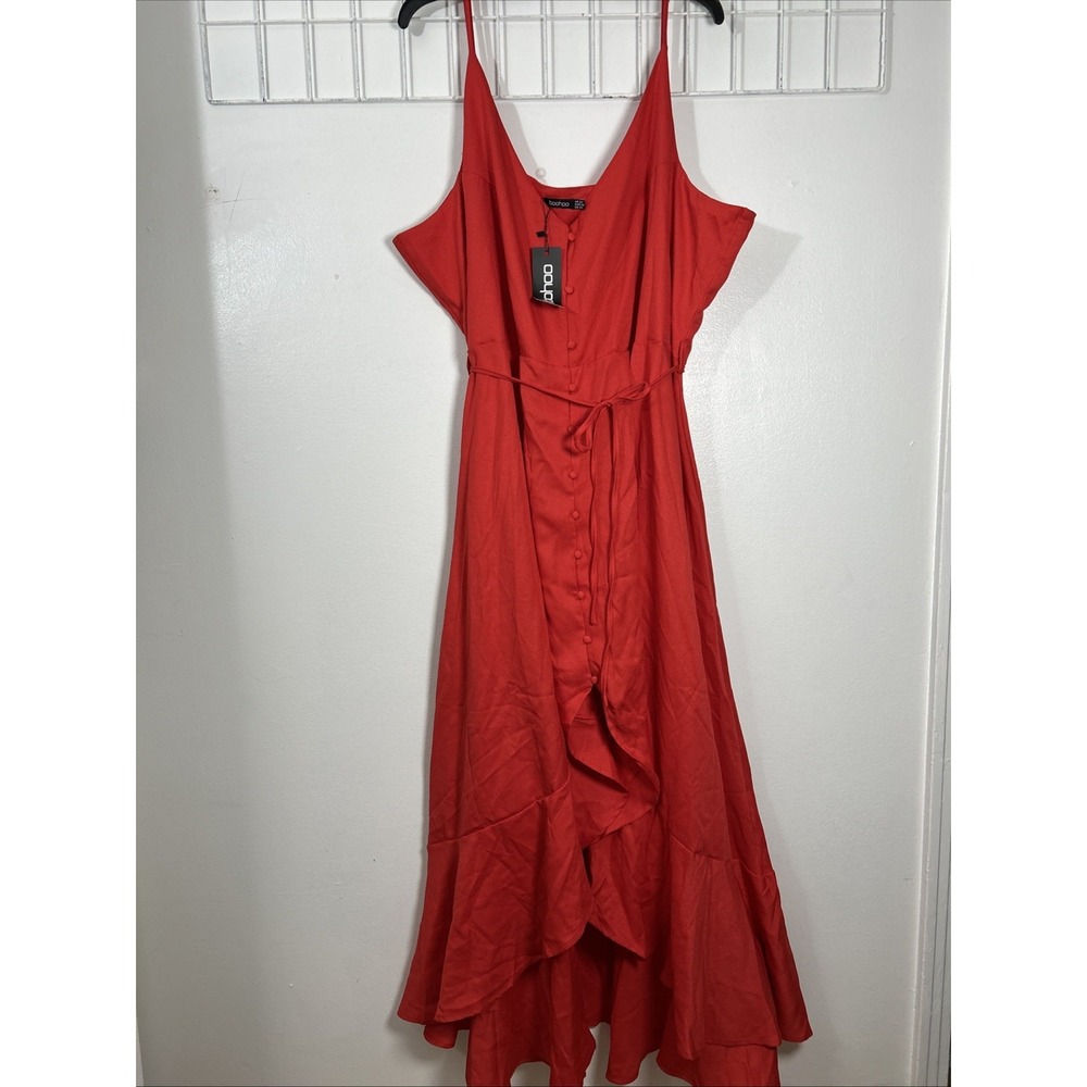 Boohoo Women 24 Maxi Dress Red Spaghetti Strap Plunge V Neck 6414